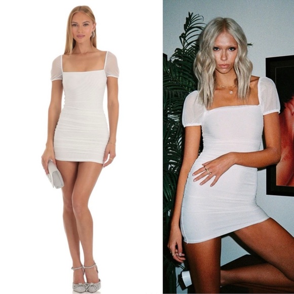 Princess Polly Charvi White Square Neck Puff Sleeve
Ruched Mesh Overlay Dress - Picture 3 of 12
